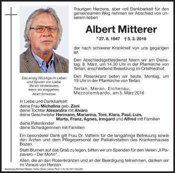 Traueranzeigen Von Albert Mitterer Trauer Bz