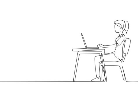 Continuous one line drawing young girl with laptop sitting on chair ...