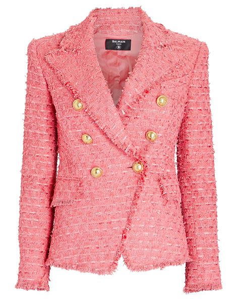 Balmain Double Breasted Boucl Tweed Blazer Pink Editorialist