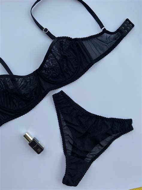 Black Mesh Lingerie Set Black Underwear Etsy
