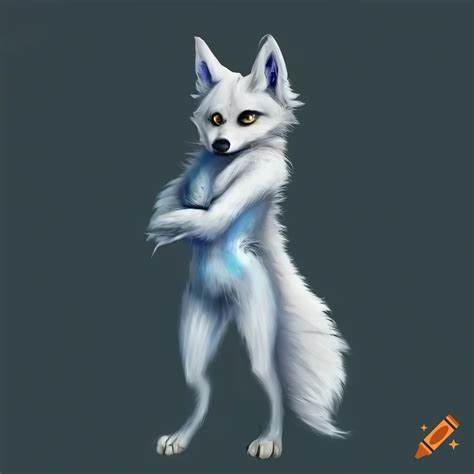 Anthropomorphic White Wolf With Fennec Fox Ears And Blue Eyes Standing