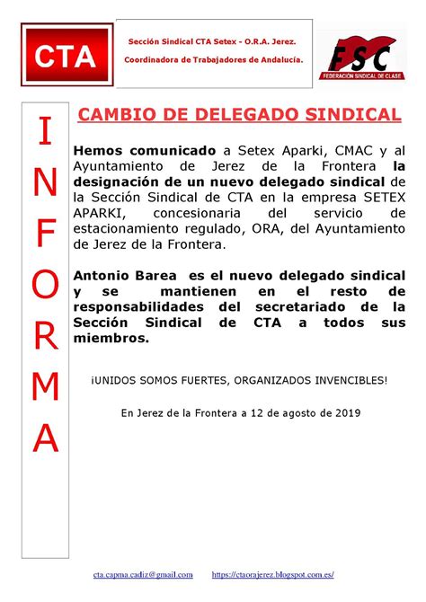 Sindicato CTA en la provincia de Cádiz CAMBIO DE DELEGADO SINDICAL