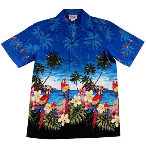 Parrot Dise Blue Hawaiian Border Aloha Sport Shirt Papayasun