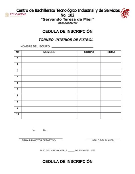 Cedula DE Inscripcion Voleibol Futbol Centro De Bachillerato