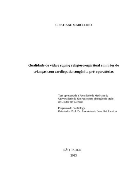 Pdf Qualidade De Vida E Coping Religioso Espiritual Em M Es De