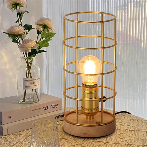 Industrial Gold Table Lamp With Metal Cage Brass Farmhouse Rustic Desk