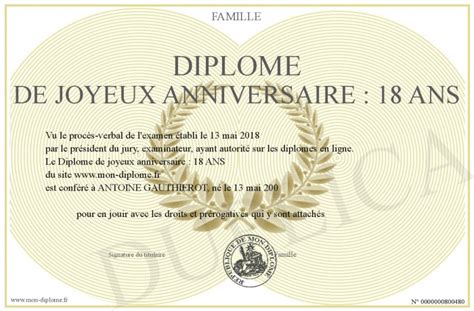 Diplome De Joyeux Anniversaire 18 Ans