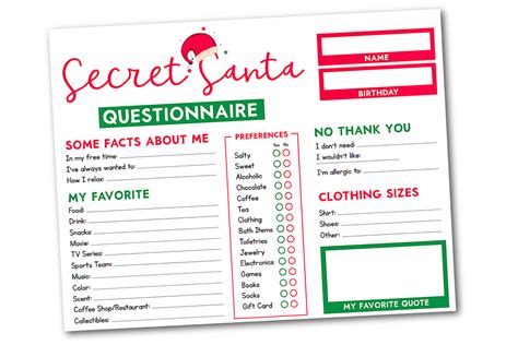 Printable Free Printable Secret Santa Questionnaire Printable Word