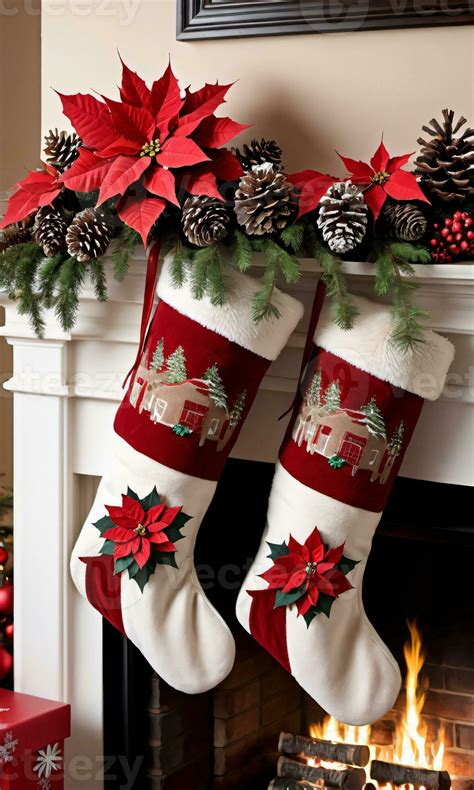 Photo Of Christmas Stockings Hanging By A Fireplace With Pinecones And