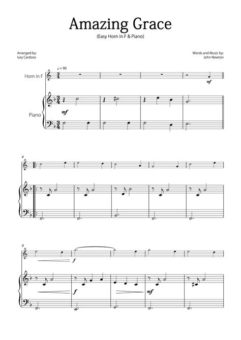 Amazing Grace Beautiful Easy Version For Horn In F And Piano Arr Iury Cardoso Sheet Music