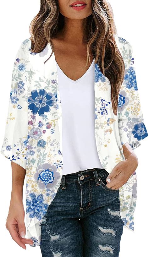 Bikini Cover Up Strandkleid Chiffon Damen Cardigan Chiffon Mit Blumendruck Strandtunika