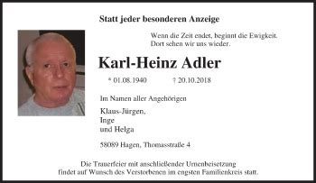 Traueranzeigen Von Karl Heinz Adler Trauer In NRW De