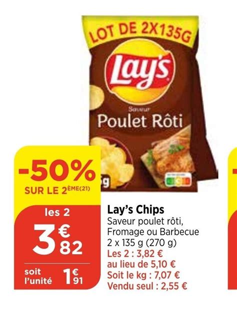 Promo Lay s Chips Saveur poulet rôti Fromage ou Barbecue 2 x 135 g