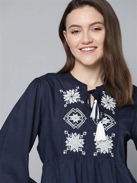 Buy Mast And Harbour Navy Blue And White Embroidered Tie Up Neck Top Tops