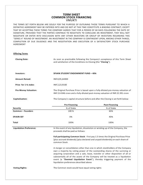 Venture Capital Term Sheet Template Williamson Ga Us