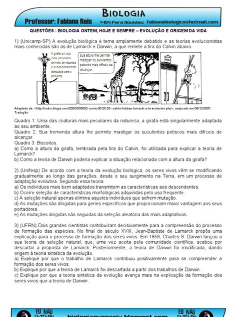 Questões Sobre Evolução Lamarck E Darwin - Questões sobre Evolução: Lamarck e Darwin | PDF | Seleção natural ...