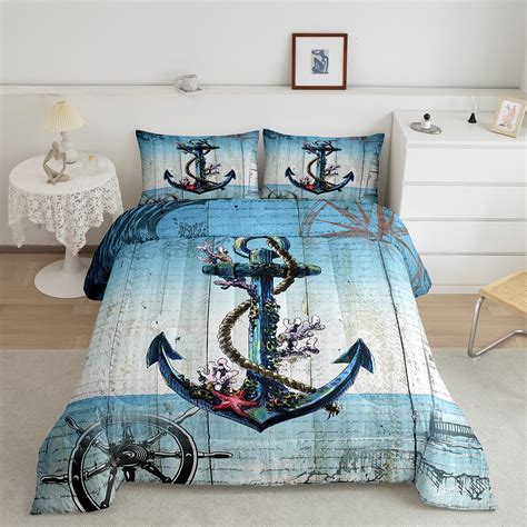 Yst Vintage Anchor Bedding Set Queen Teal Aqua Blue Comforter Set Nautical Themed Down