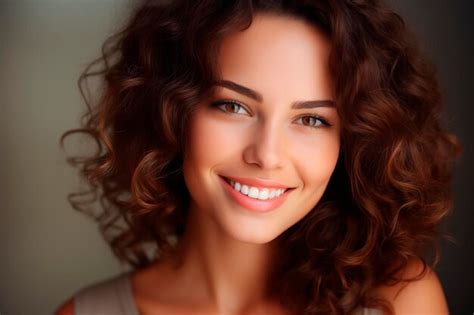 Premium Photo Closeup Portrait Of A Smiling Woman With Curly Brunette Hair Radiant Beauty And