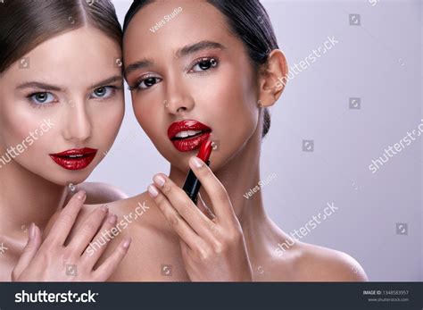 Gorgeous Girls Naked Shoulders Red Lips Stock Photo Shutterstock