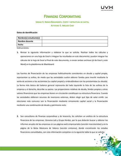 U5 Analisis Caso A5 Ejercicios FINANZAS CORPORATIVAS UNIDAD 5