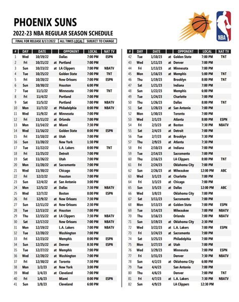 Phoenix Suns Printable Schedule