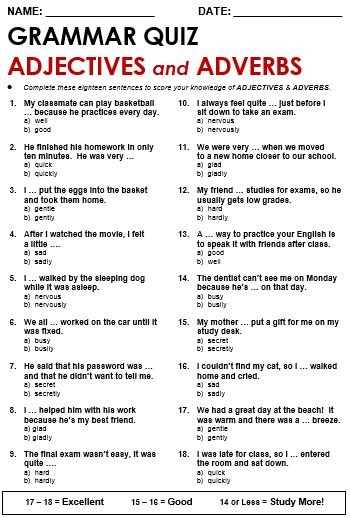 Adjective And Adverb Worksheets With Answer Key Pdf