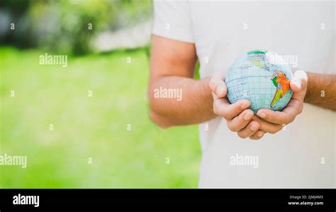 Mid Section Man Holding Globe Hand Stock Photo Alamy