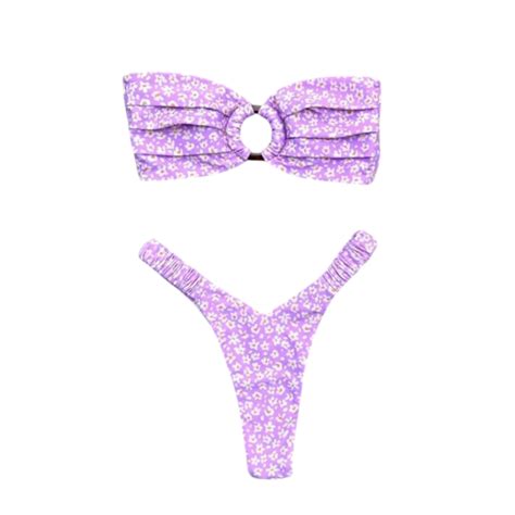 Fioletowy kwiatowy bikini z wiązaniem w kółko i falbaniastymi detalami