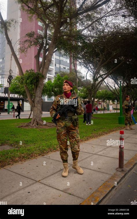 Lima Peru July 29 2023 Peruvian Woman Dressed In Camouflage