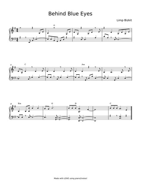 Behind Blue Eyes Limp Bizkit Sheet Music For Piano Piano Duo