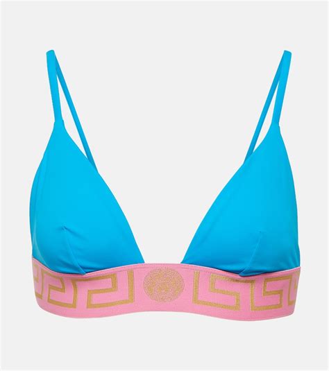 Versace Greca Border Triangle Bikini Top In Blue Modesens