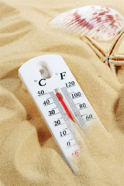 Thermometer In Sand With Rope Showing Hot Summer Day Temperature Stock Image Image Of