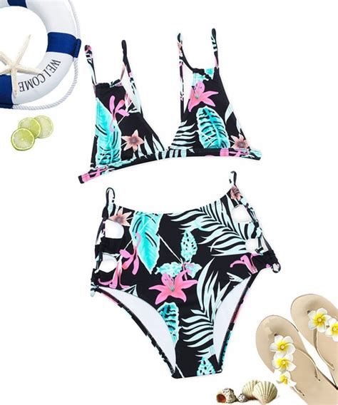 High Waisted Print Bikini Set Cut Out Strappy Swimsuit For Women