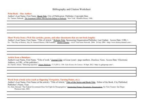 Bibliography And Citation Worksheet