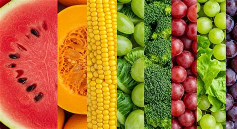 colorful fruits  vegetables vertical stripe collage stock