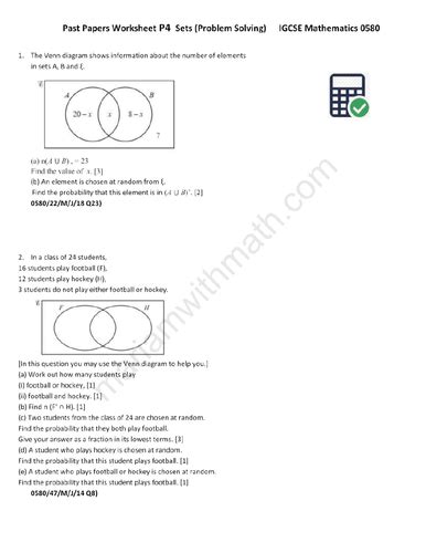 Sets Igcse Mathematics 0580 Past Papers Worksheet Teaching Resources