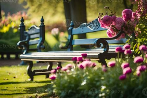 A Park Bench With Pink Flowers In The Background AI Generated 30828952