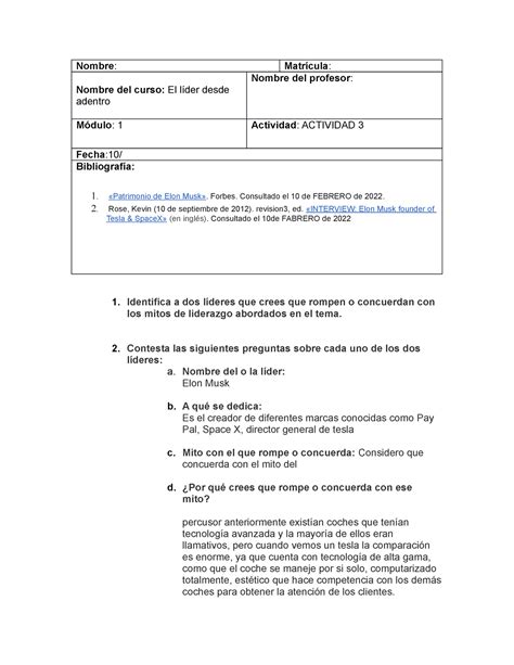 Act El Lider Desde Adentro Nombre Matr Cula Nombre Del Curso El