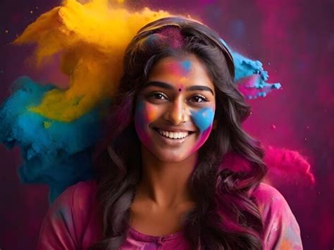 Premium Photo Holi Background With A Smiling Indian Woman With Her