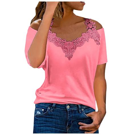 Baikeli Loose Fit Tops For Women 2024 Womens Casual Short Sleeve Tops Casual Lace Patchwork T