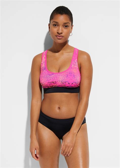 Sportlicher Bustier Bikini Mit Tollem Muster Schwarz Neon Pink Graphisch