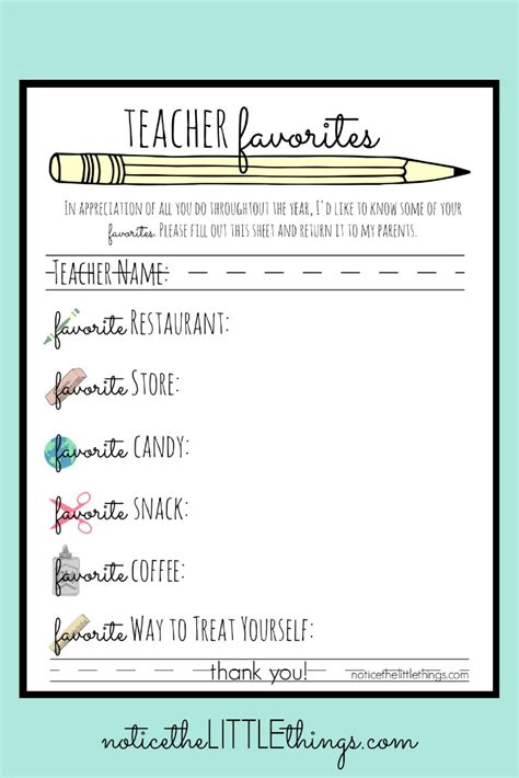 Favorite Things About My Teacher Printable