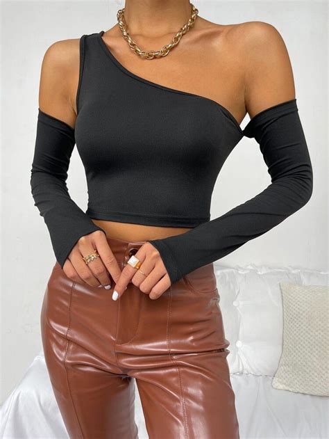 Solid Asymmetrical Shoulder Crop Top Shoulder Tops Outfit Shoulder Crop Top Crop Tops