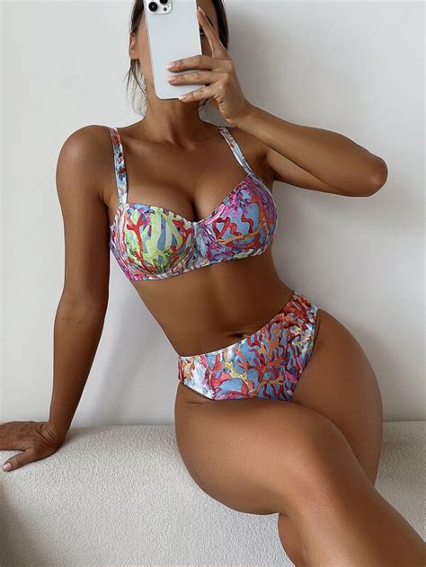 Coral Pattern Push Up Bikini Swimsuit Shein Usa