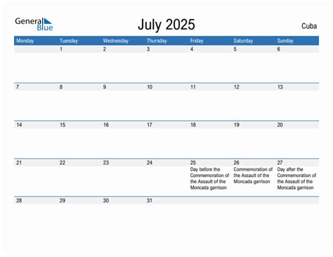 Editable July Calendar With Cuba Holidays