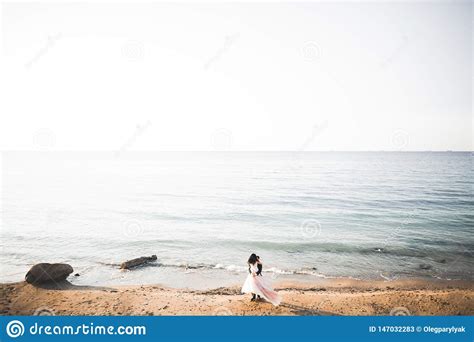 Pares Felizes Do Casamento Que Ficam Sobre A Paisagem Bonita Imagem De