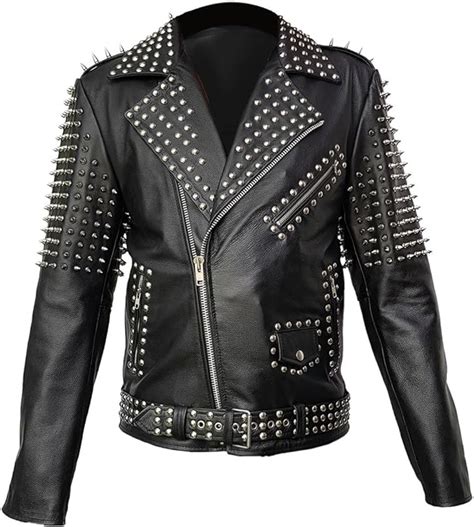 Mens Real Black Leather Spike Jacket Studded Punk Style Cropped Jacket