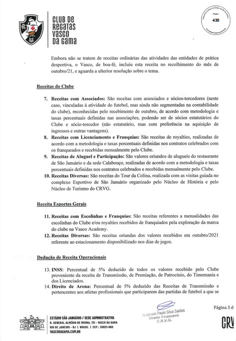 Prestação de contas mostra que Vasco já pagou quase R 30 milhões no RCE