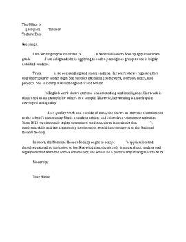 National Honors Society Recommendation Letter NHS Generic