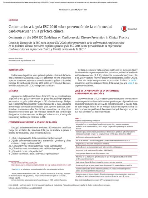 Comentarios A La Guía Esc 2016 Sobre Prevención De La Enfermedad